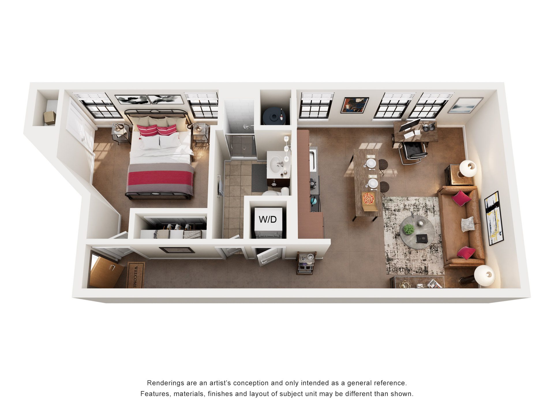 Floor plan for 1 bed, 1 bath, 663 sqft